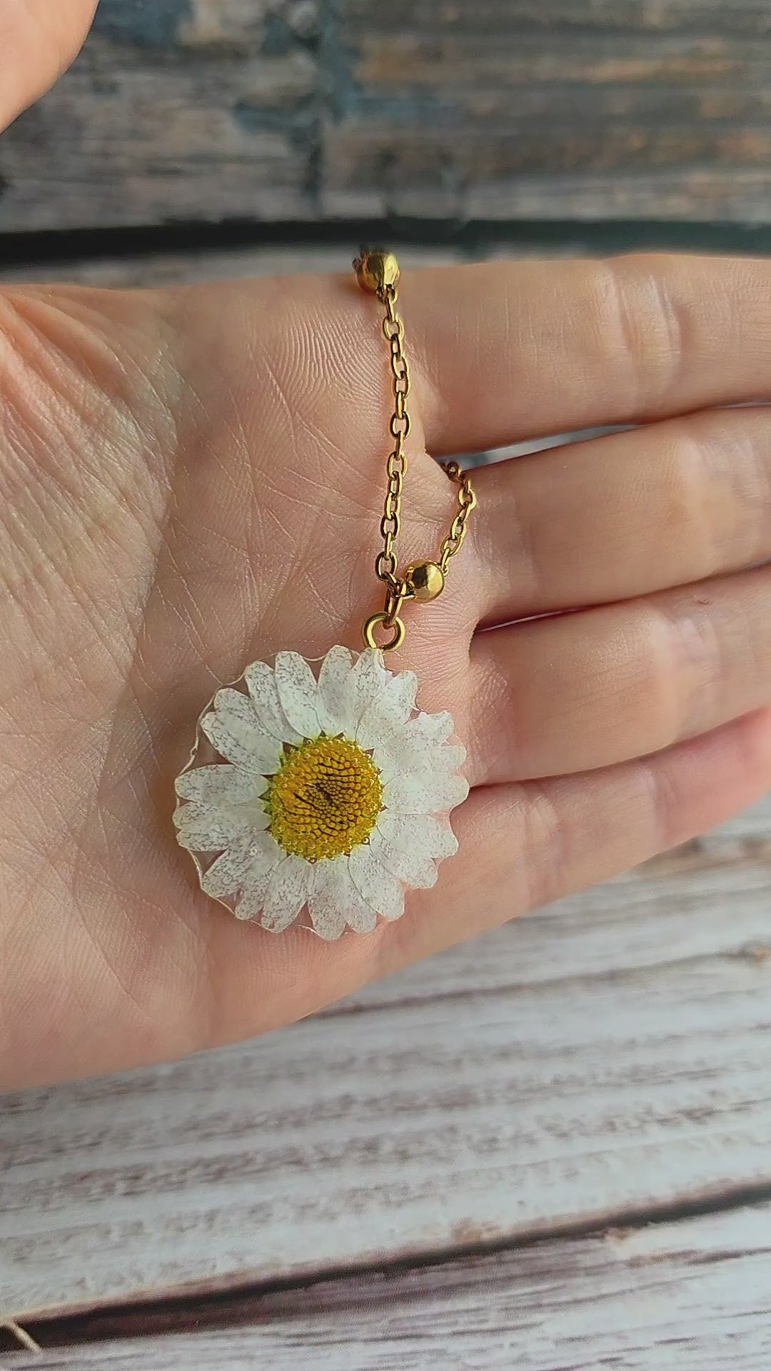 Unique handmade real daisy necklace with resin pendant
