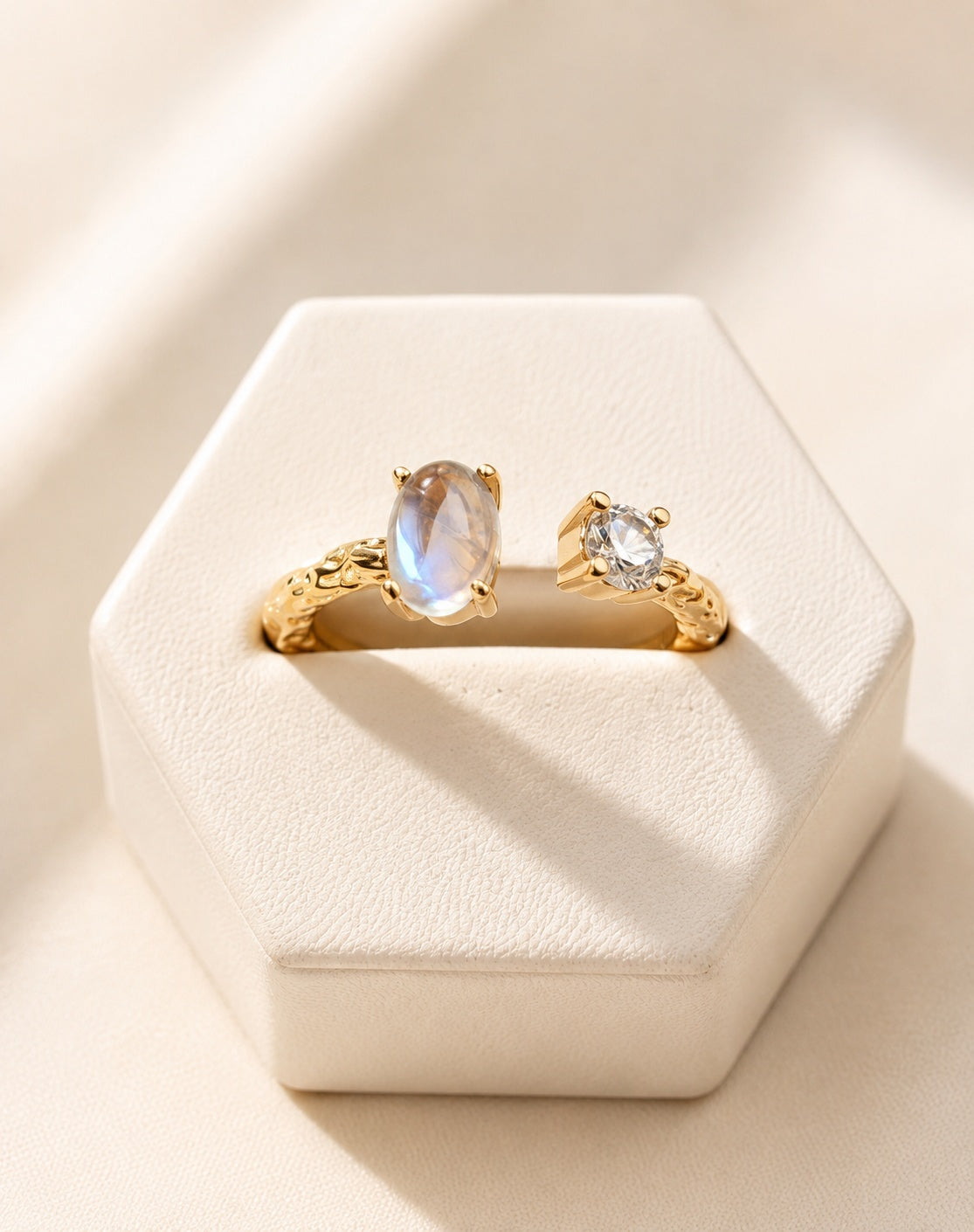 Rainbow Moonstone Ring 18K Gold Plated Adjustable Hammered 925 Sterling Silver Gift for Her