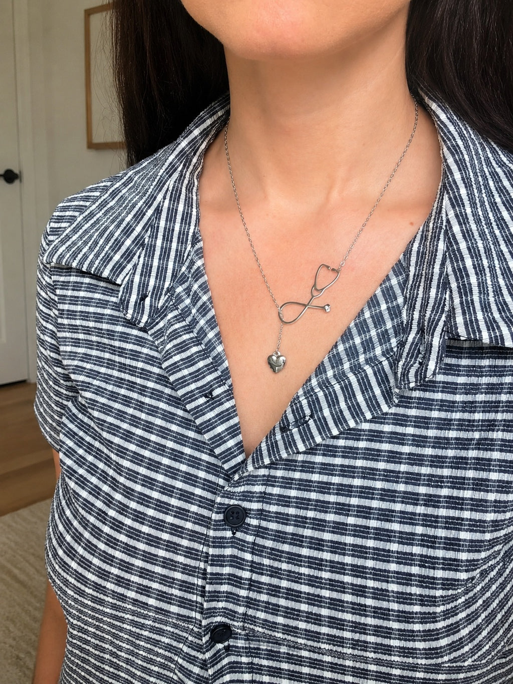 Non tarnish stethoscope pendant necklace for everyday wear.