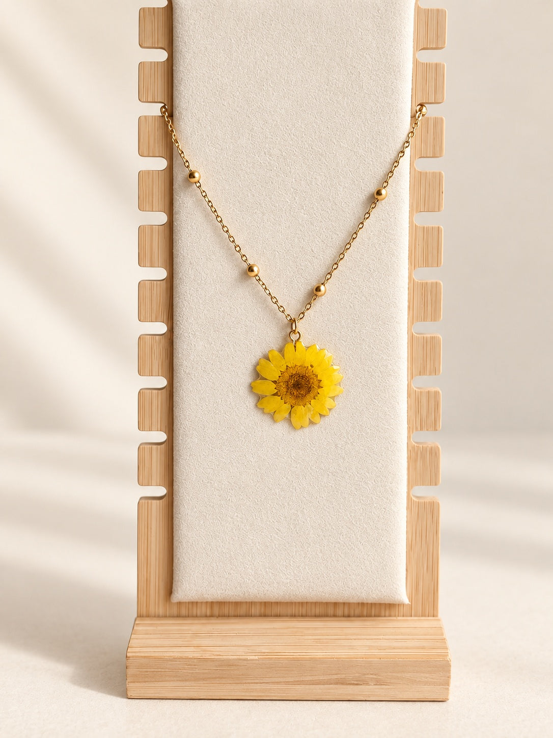Gold daisy necklace with handmade real flower pendant