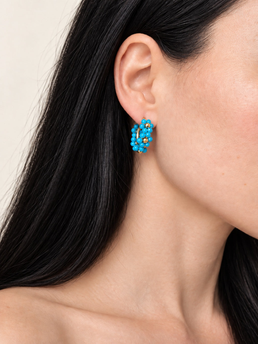 Blue and gold beaded hoop earrings
