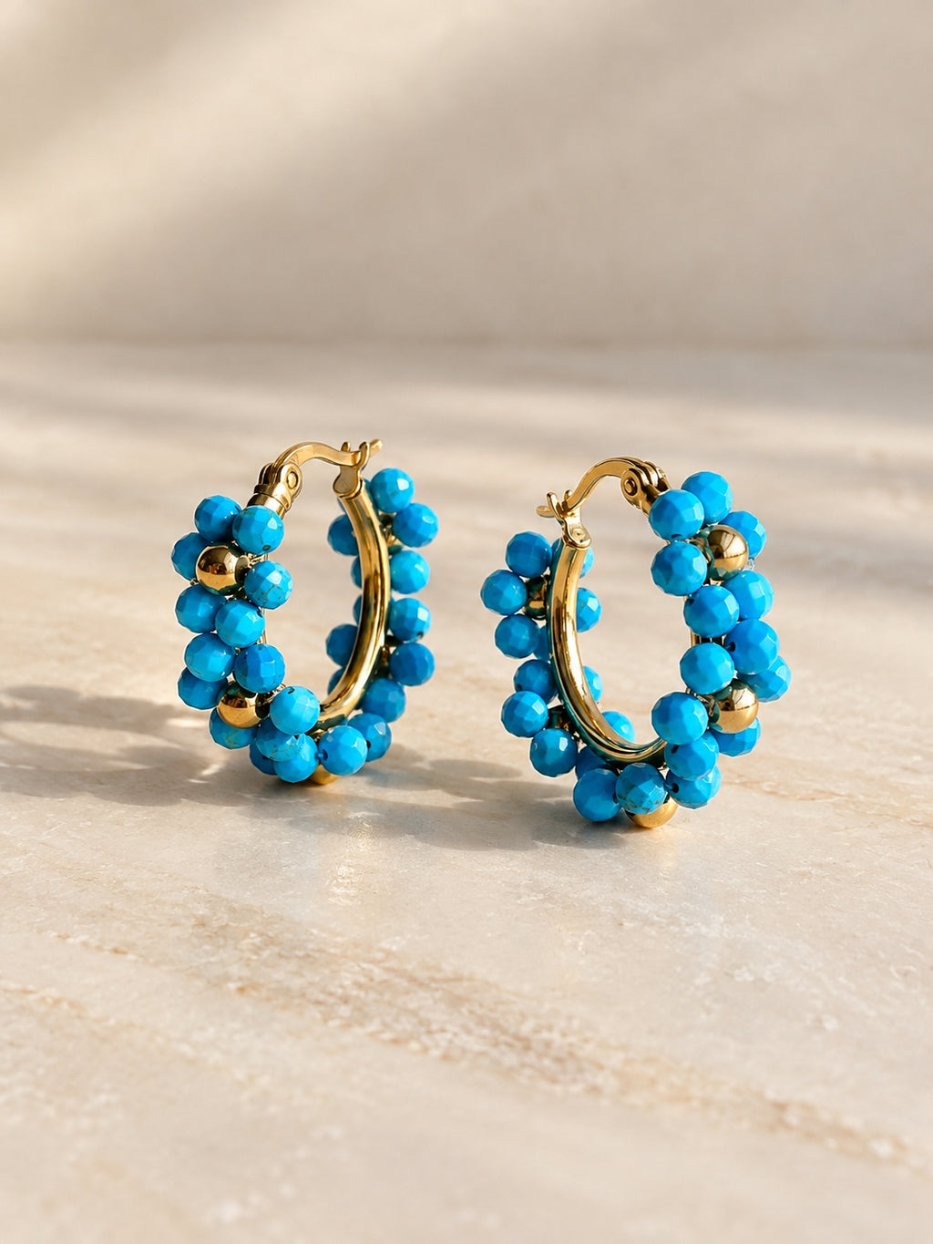 Turquoise beaded earrings with 14K gold plated hoops