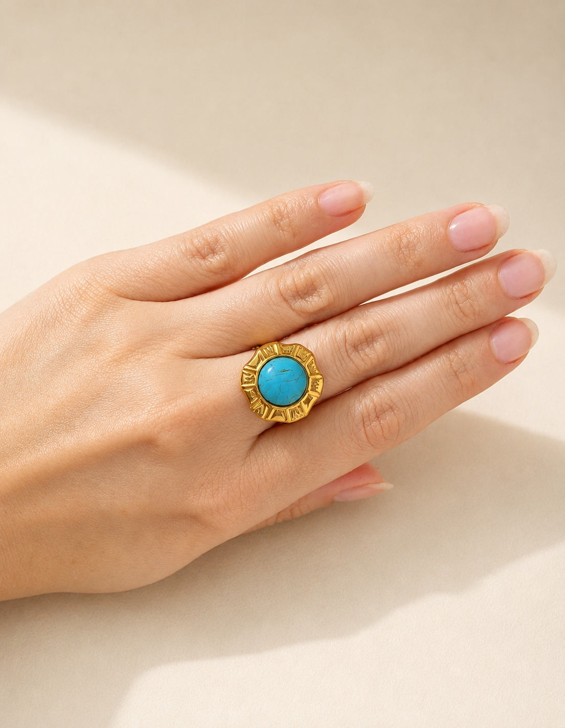 Chunky Gold Turquoise Ring Non Tarnish 14K Gold Plated Vintage Boho Western Jewelry